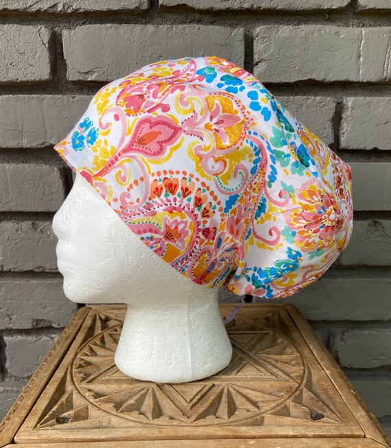 Caribbean Paisley Floral Print - Surgical Scrub Cap -Handmade- Euro Pixie Toggle Scrub Hat