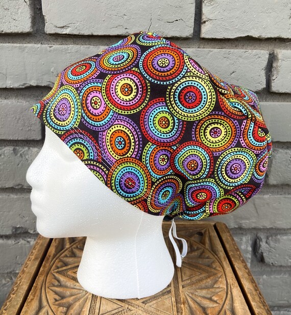 Colorful Scrub Cap, Black, Multicolor, Medallion, Surgical Scrub Cap, Scrub Caps for Women, Scrub Hats, Euro Pixie Toggle Hat