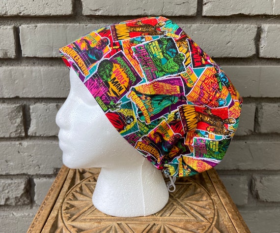 Halloween Scrub Cap, Dracula Scrub Cap, Scrub Caps for Women, Scrub Hats, Euro Scrub Cap, Scrub Cap with Buttons, Scrub Hat with Toggle