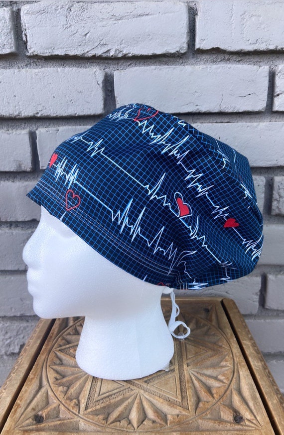 Heartbeat Scrub Cap, Surgical Scrub Cap, Scrub Cap for Woman, Scrub Hats, Euro Scrub Cap for Woman with Toggle, EKG