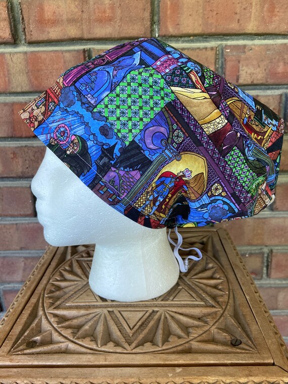 Beauty and the Beast Stained Glass Print - Surgical Scrub Cap -Handmade- Euro Pixie Toggle Scrub Hat