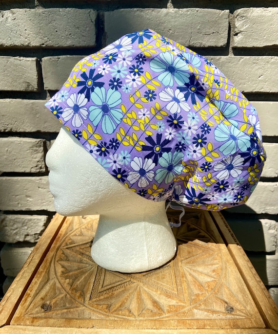 Flower Scrub Cap, Purple Yellow and Aqua Daisy Floral, Surgical Scrub Cap, Scrub Caps for Women, Scrub Hats, Euro Pixie Toggle Hat