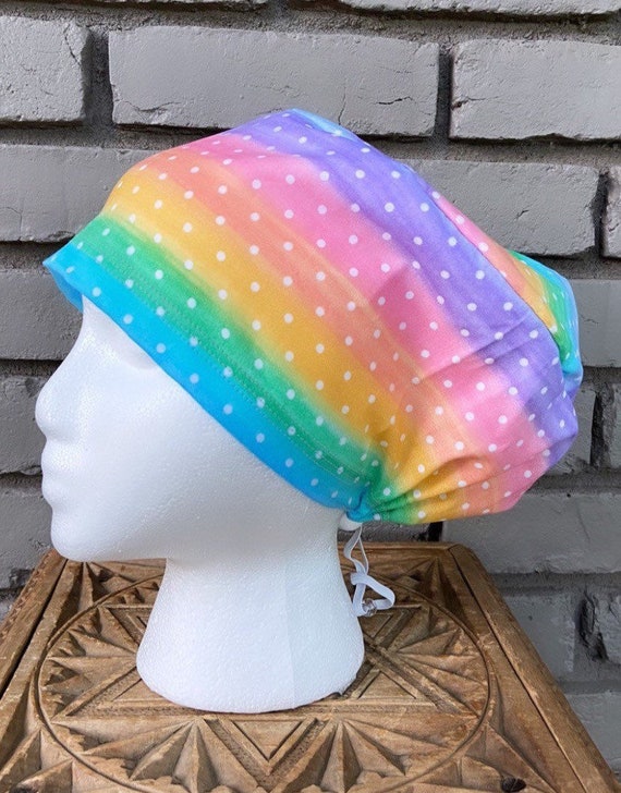 Rainbow, Polka Dot Scrub Cap, Surgical Scrub Cap, Scrub Cap for Woman, Scrub Hats, Euro Scrub Cap for Woman with Toggle,