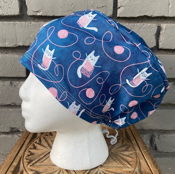 Cat Scrub Cap, Surgical Scrub Cap, Scrub Cap for Woman, Scrub Hats, Euro Scrub Cap for Woman with Toggle, Knitting