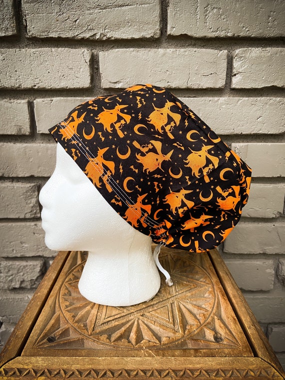 Halloween Scrub Cap, Witch Scrub Cap, Scrub Caps for Women, Scrub Hats, Euro Scrub Cap, Scrub Cap with Buttons, Scrub Hat with Toggle