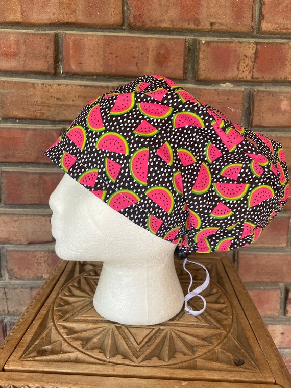 Polka Dot Watermelon Print - Surgical Scrub Cap -Handmade- Euro Pixie Toggle Scrub Hat