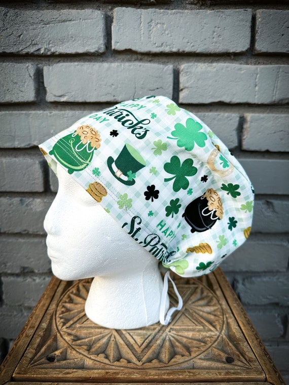 St Patricks Scrub Cap, Clover Surgical Scrub Cap, Scrub Cap for Woman, Scrub Hats, Euro Scrub Cap for Woman with Toggle, Four Leaf Clover