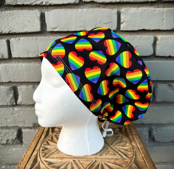 Rainbow Scrub Cap, Heart Scrub Hat, Surgical Scrub Cap, Scrub Caps for Women, Scrub Hats, Euro Scrub Cap, Scrub Cap, Scrub Hat with Toggle