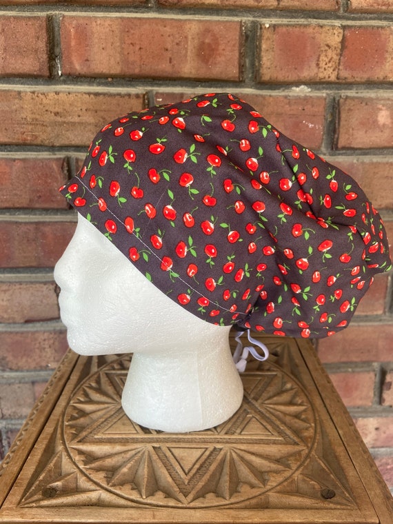 Cherry Print - Surgical Scrub Cap -Handmade- Euro Pixie Toggle Scrub Hat