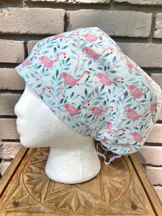 Flamingo Print - Surgical Scrub Cap -Handmade- Euro Pixie Toggle Scrub Hat