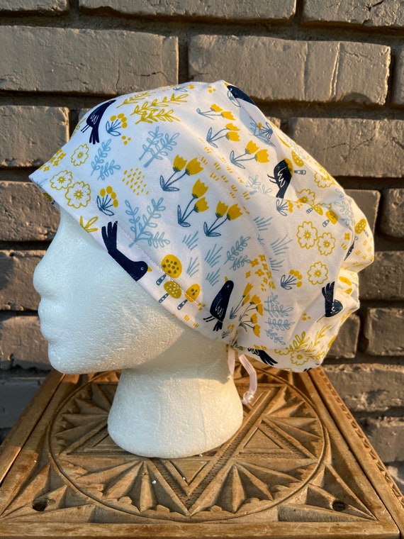 Black Bird Print - Surgical Scrub Cap -Handmade- Euro Pixie Toggle Hat