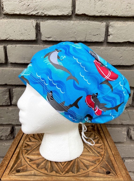 Shark Scrub Cap, Surgical Scrub Cap, Scrub Cap for Woman, Scrub Hats, Euro Scrub Cap for Woman with Toggle, Shark