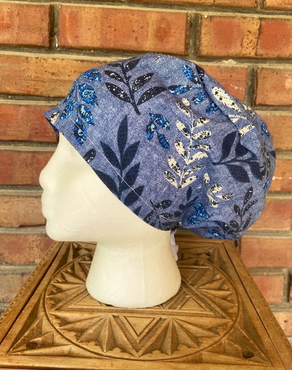 Floral Scrub Cap, Blue Vine Floral, Surgical Scrub Cap, Scrub Caps for Women, Scrub Hats, Euro Pixie Toggle Hat