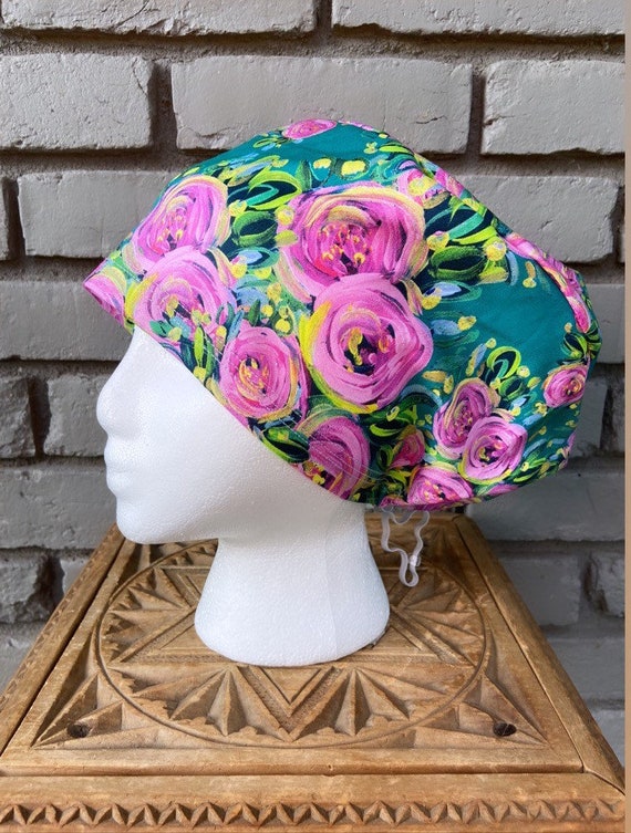 Floral Scrub Cap, Painted Pink Flower, Surgical Scrub Cap, Scrub Caps for Women, Scrub Hats, Euro Pixie Toggle Hat