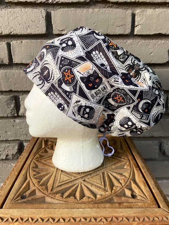 Halloween Scrub Cap, Cat Scrub Cap, Scrub Caps for Women, Scrub Hats, Euro Scrub Cap, Scrub Cap with Buttons, Scrub Hat with Toggle