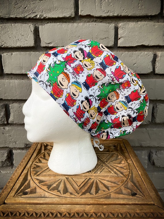 Christmas Scrub Cap, Peanuts, Snoopy, Charlie Brown, Surgical Scrub Cap, Scrub Caps for Women, Scrub Hats, Euro Pixie Toggle Hat