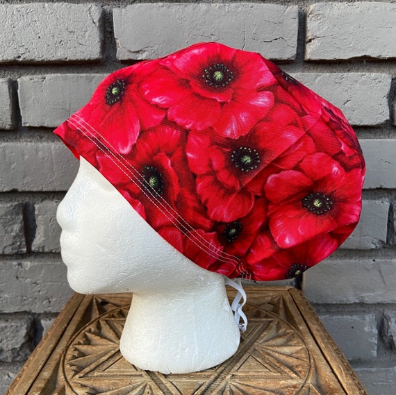 Floral Scrub Caps, Surgical Scrub Cap, Scrub Cap for Woman, Scrub Hats, Euro Scrub Cap for Woman with Toggle, Poppy