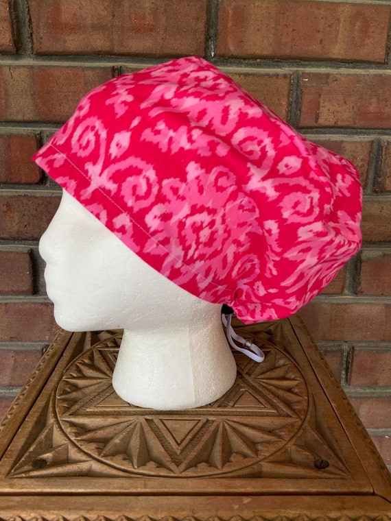 Bright Pink Ikat Print - Surgical Scrub Cap -Handmade- Euro Pixie Toggle Scrub Hat