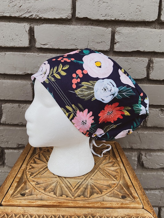 Floral Scrub Caps, Surgical Scrub Cap, Scrub Cap for Woman, Scrub Hats, Euro Scrub Cap for Woman with Toggle, Navy Floral