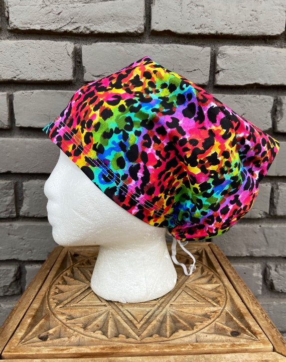 Cheetah Print Scrub Cap, Rainbow, Surgical Scrub Cap, Scrub Cap for Woman, Scrub Hats, Euro Scrub Cap for Woman with Toggle