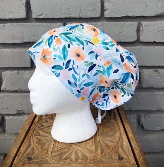 Floral Scrub Cap, Watercolor Floral, Surgical Scrub Cap, Scrub Caps for Women, Scrub Hats, Euro Pixie Toggle Hat,