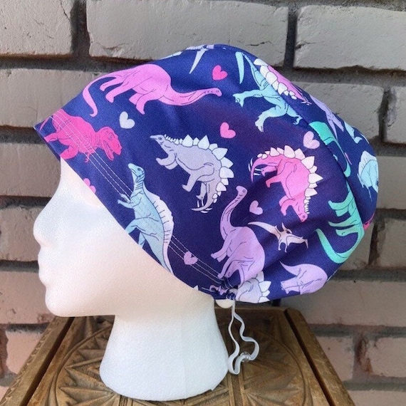 Dinosaur Scrub Cap, Surgical Scrub Cap, Scrub Caps for Women, Scrub Hats, Euro Scrub Cap, Scrub Cap with Buttons, Scrub Hat with Toggle