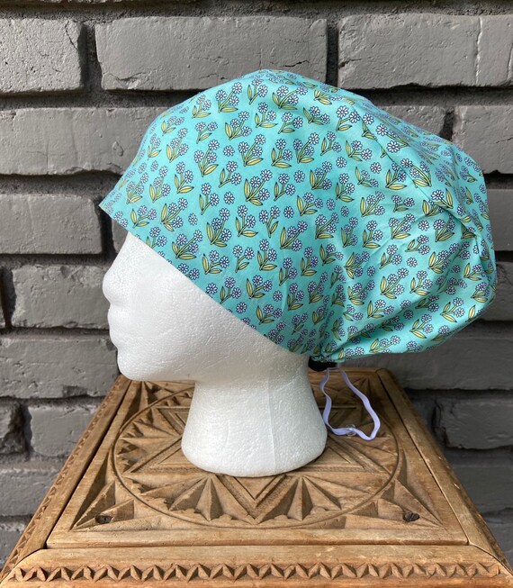 Blue Allover Daisy Print - Surgical Scrub Cap -Handmade- Euro Pixie Toggle Scrub Hat