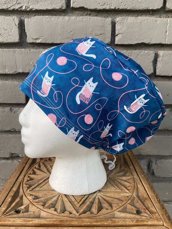 Cat Scrub Cap, Surgical Scrub Cap, Scrub Cap for Woman, Scrub Hats, Euro Scrub Cap for Woman with Toggle, Knitting