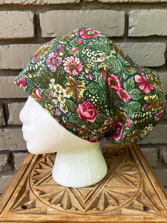 Olive Green Forest Floral Print - Surgical Scrub Cap -Handmade- Euro Pixie Toggle Scrub Hat