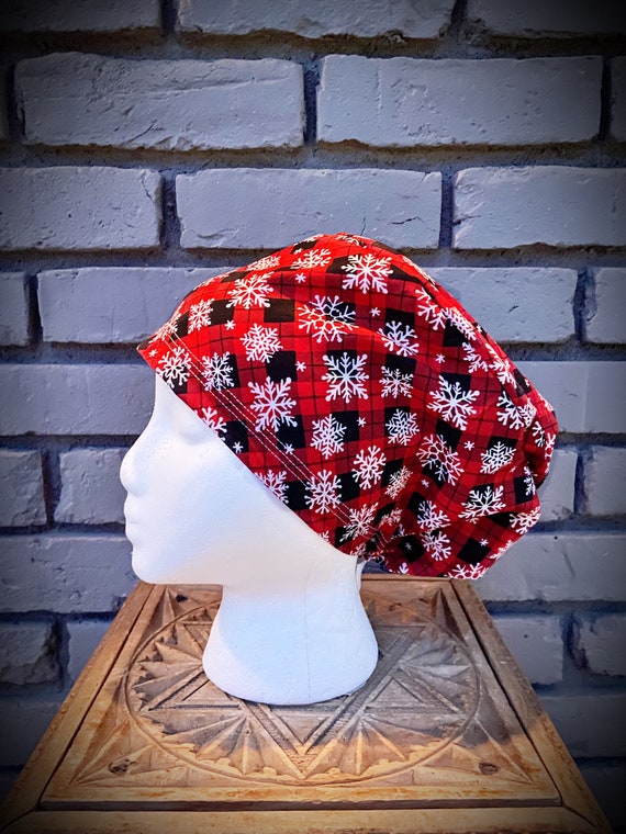Snowflake Scrub Cap, Buffalo Plaid, Surgical Scrub Cap, Scrub Caps for Women, Scrub Hats, Euro Pixie Toggle Hat