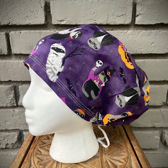 Halloween Scrub Caps, Sloth Scrub Cap, Scrub Caps for Women, Scrub Hats, Euro Scrub Cap, Scrub Cap with Buttons, Scrub Hat with Toggle