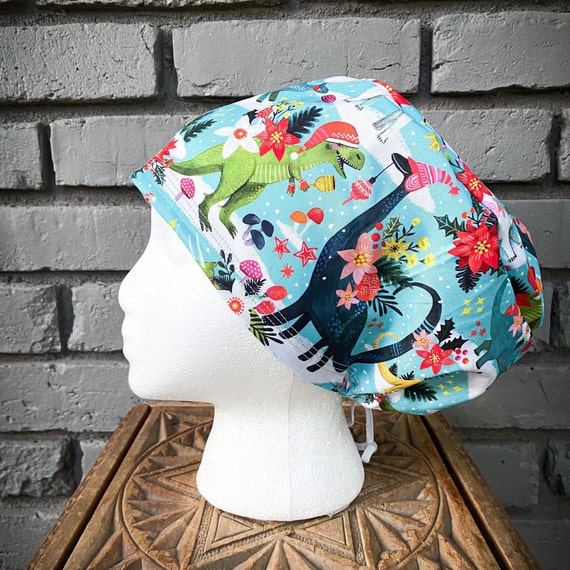 Dinosaur Scrub Cap, Dinosaur, Surgical Scrub Cap, Scrub Caps for Women, Scrub Hats, Euro Pixie Toggle Hat, Christmas Scrub cap