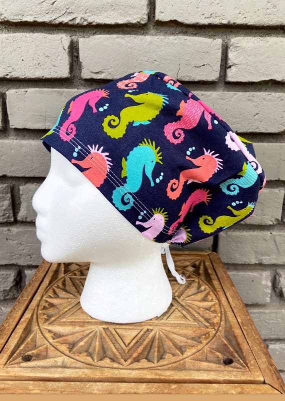 Seahorse Scrub Cap, Surgical Scrub Cap, Scrub Cap for Woman, Scrub Hats, Euro Scrub Cap for Woman with Toggle, Ocean