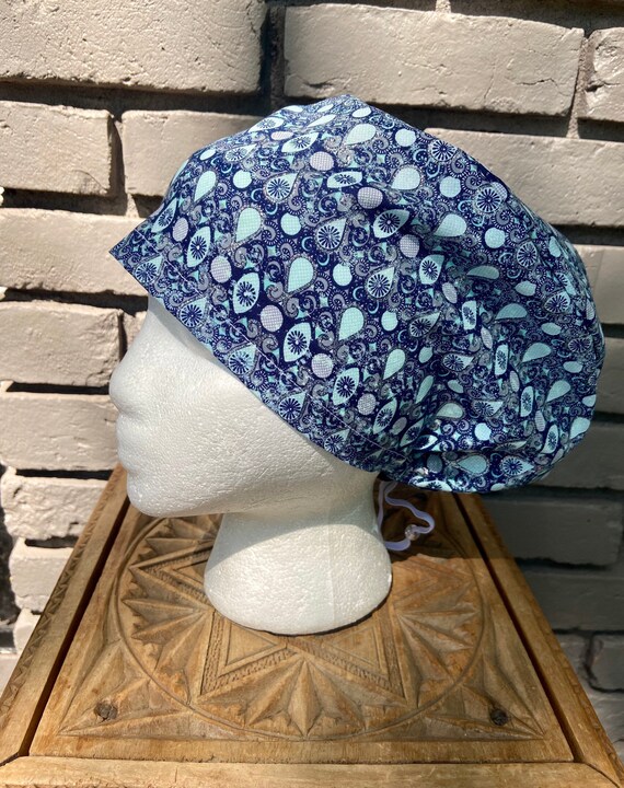 Beautiful Navy, Aqua and Silver Glitter Teardrop Paisley Print - Surgical Scrub Cap -Handmade- Euro Pixie Toggle Scrub Hat