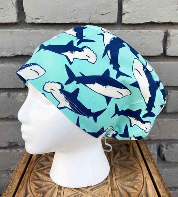 Blue and Aqua Shark Print - Surgical Scrub Cap -Handmade- Euro Pixie Toggle Scrub Hat
