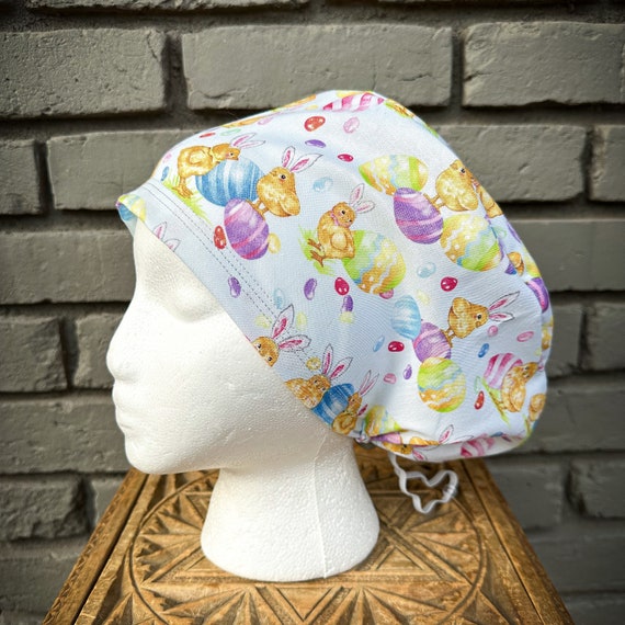 Easter Scrub Cap, Bunny, Rabbit, Floral Scrub Hat, Surgical Scrub Cap, Scrub Cap for Woman, Scrub Hats, Euro Scrub Cap for Woman with Toggle