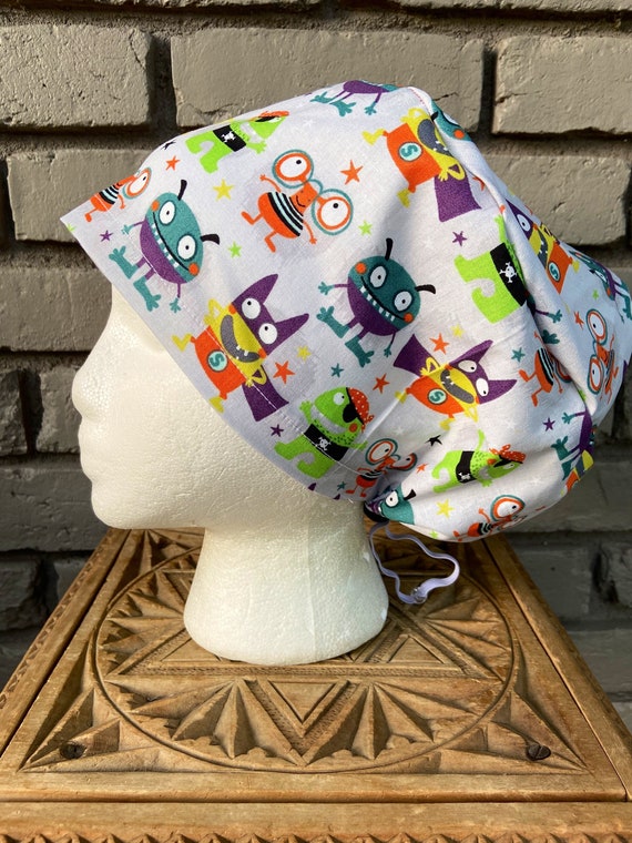 Halloween Surgical Cap,Monster Scrub Cap, Scrub Caps for Women, Scrub Hats, Euro Scrub Cap, Scrub Cap with Buttons, Scrub Hat with Toggle