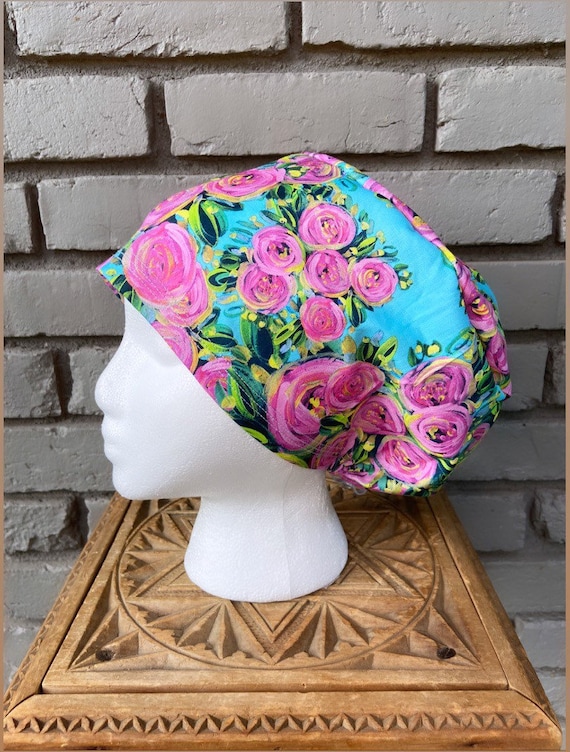 Floral Scrub Cap, Painted Pink Flower, Surgical Scrub Cap, Scrub Caps for Women, Scrub Hats, Euro Pixie Toggle Hat, Light Blue