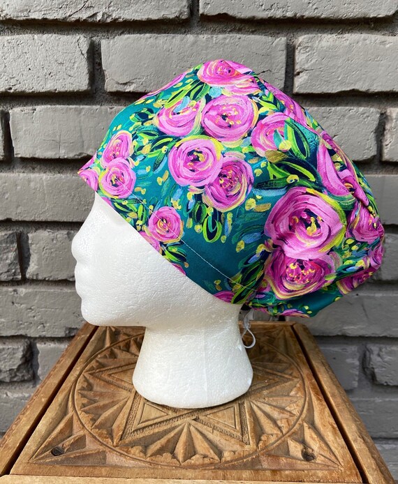 Floral Scrub Cap, Painted Pink Flower, Surgical Scrub Cap, Scrub Caps for Women, Scrub Hats, Euro Pixie Toggle Hat
