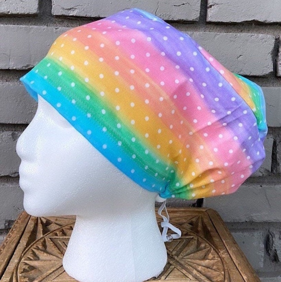 Rainbow, Polka Dot Scrub Cap, Surgical Scrub Cap, Scrub Cap for Woman, Scrub Hats, Euro Scrub Cap for Woman with Toggle,