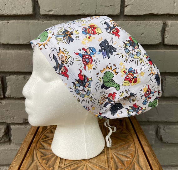 Superhero Scrub Cap, Surgical Scrub Cap, Scrub Caps for Women, Scrub Hats, Euro Scrub Cap, Scrub Cap with Buttons, Scrub Hat with Toggle