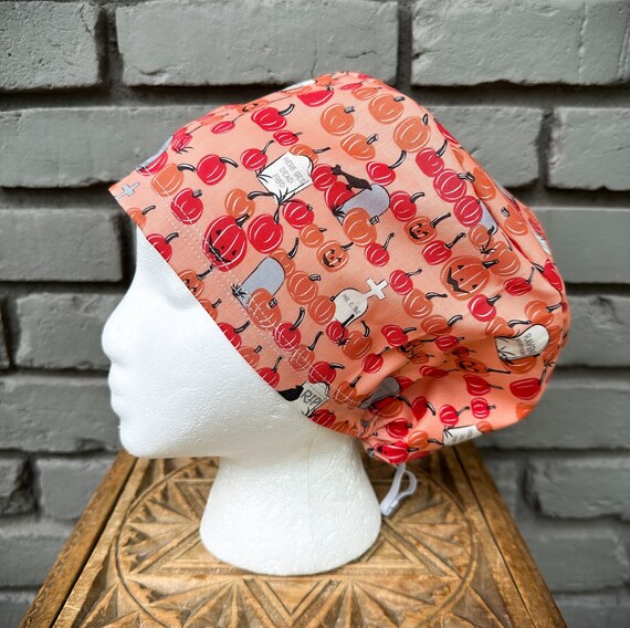 Fall Scrub Cap, Pumpkin Scrub Cap, Scrub Caps for Women, Scrub Hats, Euro Scrub Cap, Scrub Cap with Buttons, Scrub Hat with Toggle