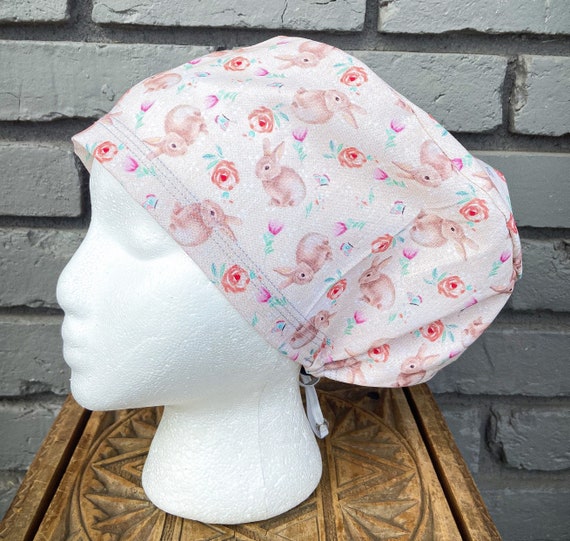 Easter Scrub Cap, Bunny, Rabbit, Floral Scrub Hat, Surgical Scrub Cap, Scrub Cap for Woman, Scrub Hats, Euro Scrub Cap for Woman with Toggle