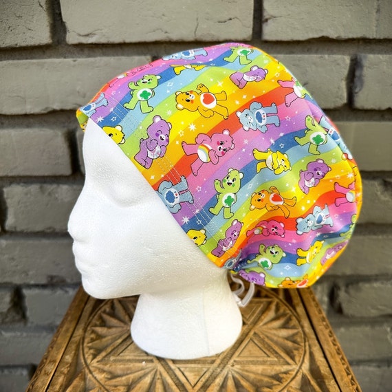 Rainbow Bear Scrub Cap, Surgical Scrub Cap, Scrub Caps for Women, Scrub Hats, Euro Scrub Cap, Scrub Cap with Buttons, Scrub Hat with Toggle