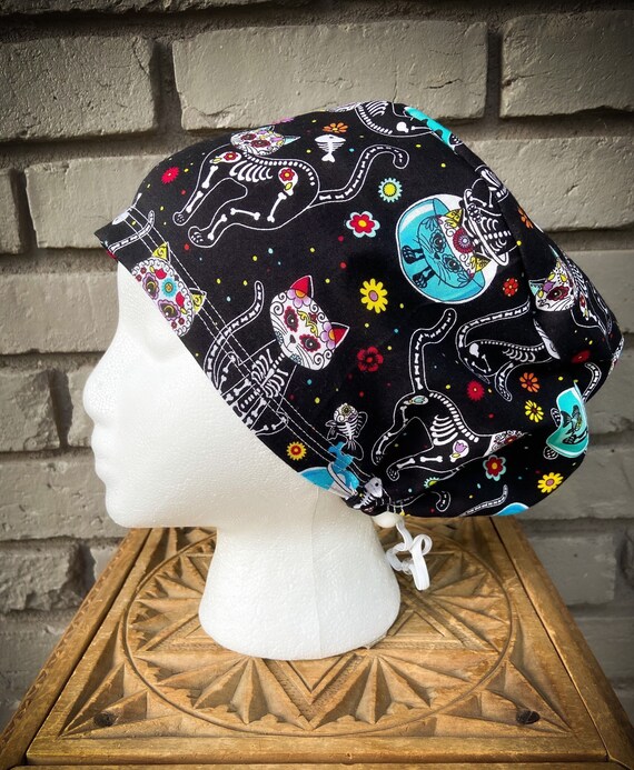 Halloween Scrub Cap, Day of the Dead, Sugar Skull, Cats, Surgical Scrub Cap, Scrub Caps for Women, Scrub Hats, Euro Pixie Toggle Hat