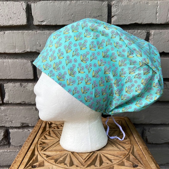 Floral Scrub Cap, Blue, Teal, Daisy, Surgical Scrub Cap, Scrub Caps for Women, Scrub Hats, Euro Pixie Toggle Hat