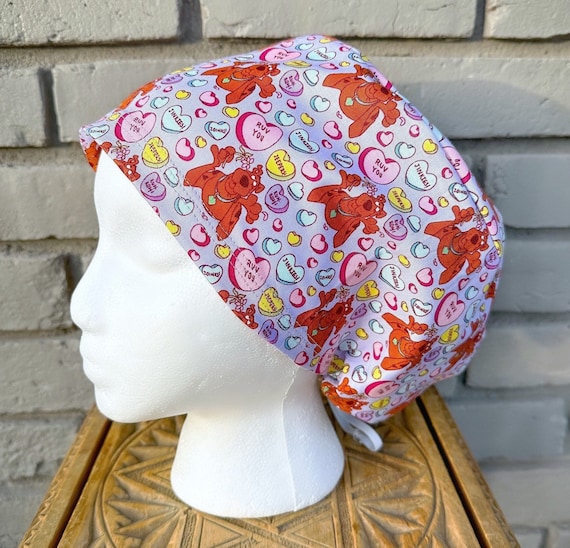 Valentines Scrub Cap, Heart Scrub Hat, Surgical Scrub Cap, Scrub Cap for Woman, Scrub Hats, Euro Scrub Cap for Woman with Toggle,