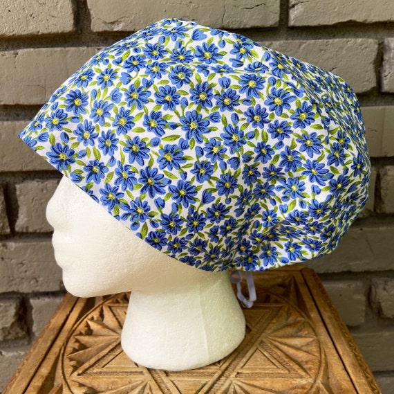 Floral Scrub Cap, Blue, Flower, Daisy, Surgical Scrub Cap, Scrub Caps for Women, Scrub Hats, Euro Pixie Toggle Hat