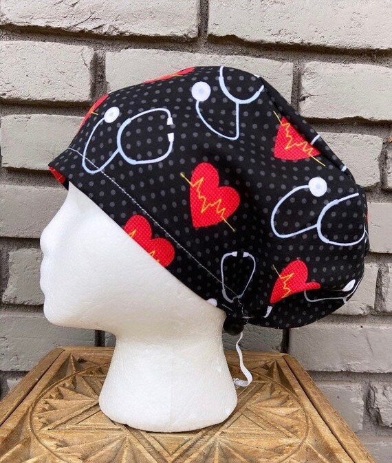 Heartbeat Scrub Cap, Surgical Scrub Cap, Scrub Cap for Woman, Scrub Hats, Euro Scrub Cap for Woman with Toggle, Stethoscope