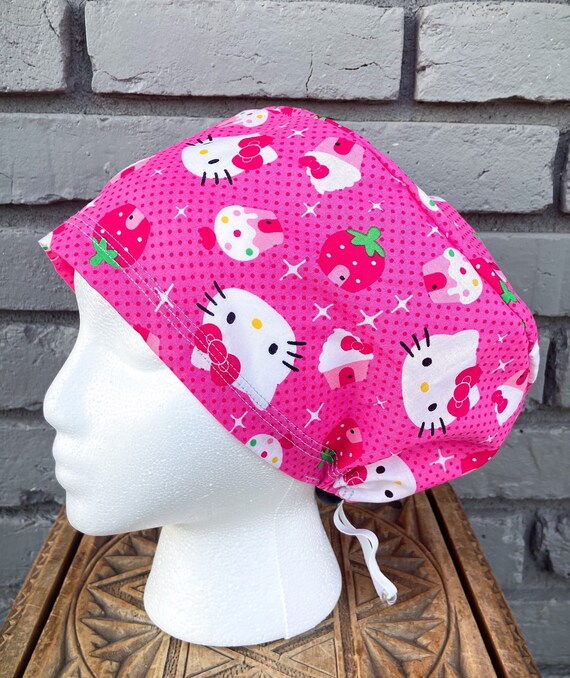 Hello Kitty Fabric, Kitty Scrub Cap, Surgical Scrub Cap, Scrub Caps for Women, Scrub Hats, Euro Scrub Hat, Adjustable Scrub Cap
